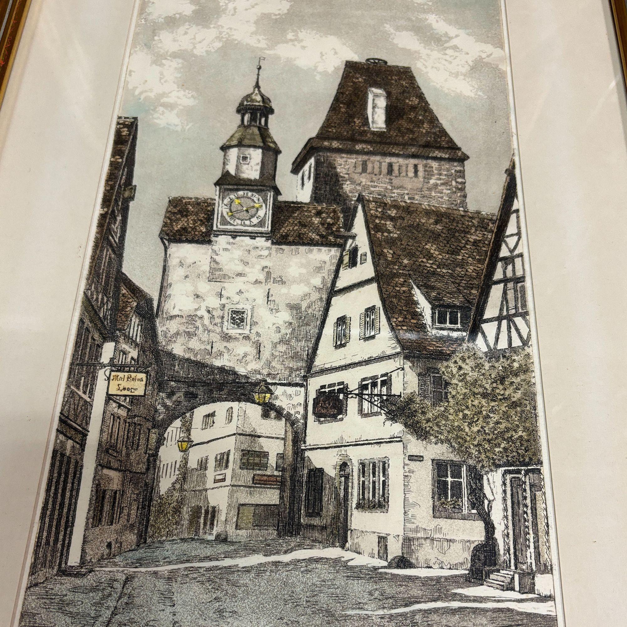 Coppia di acqueforti tedesche del villaggio di Norimberga incorniciate da Rudolf Veit In condizioni ottime in vendita a Van Nuys, CA