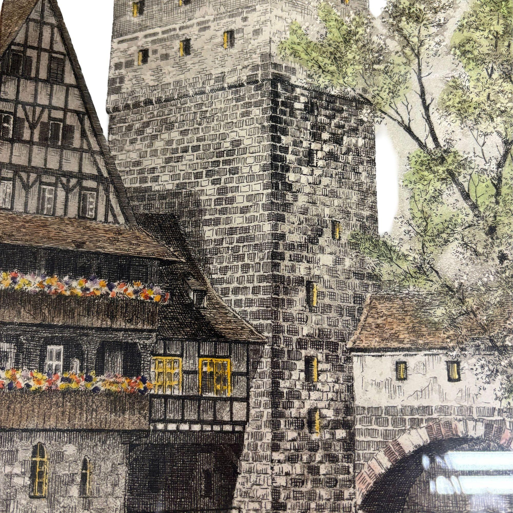 Inizio XX secolo Coppia di acqueforti tedesche del villaggio di Norimberga incorniciate da Rudolf Veit in vendita