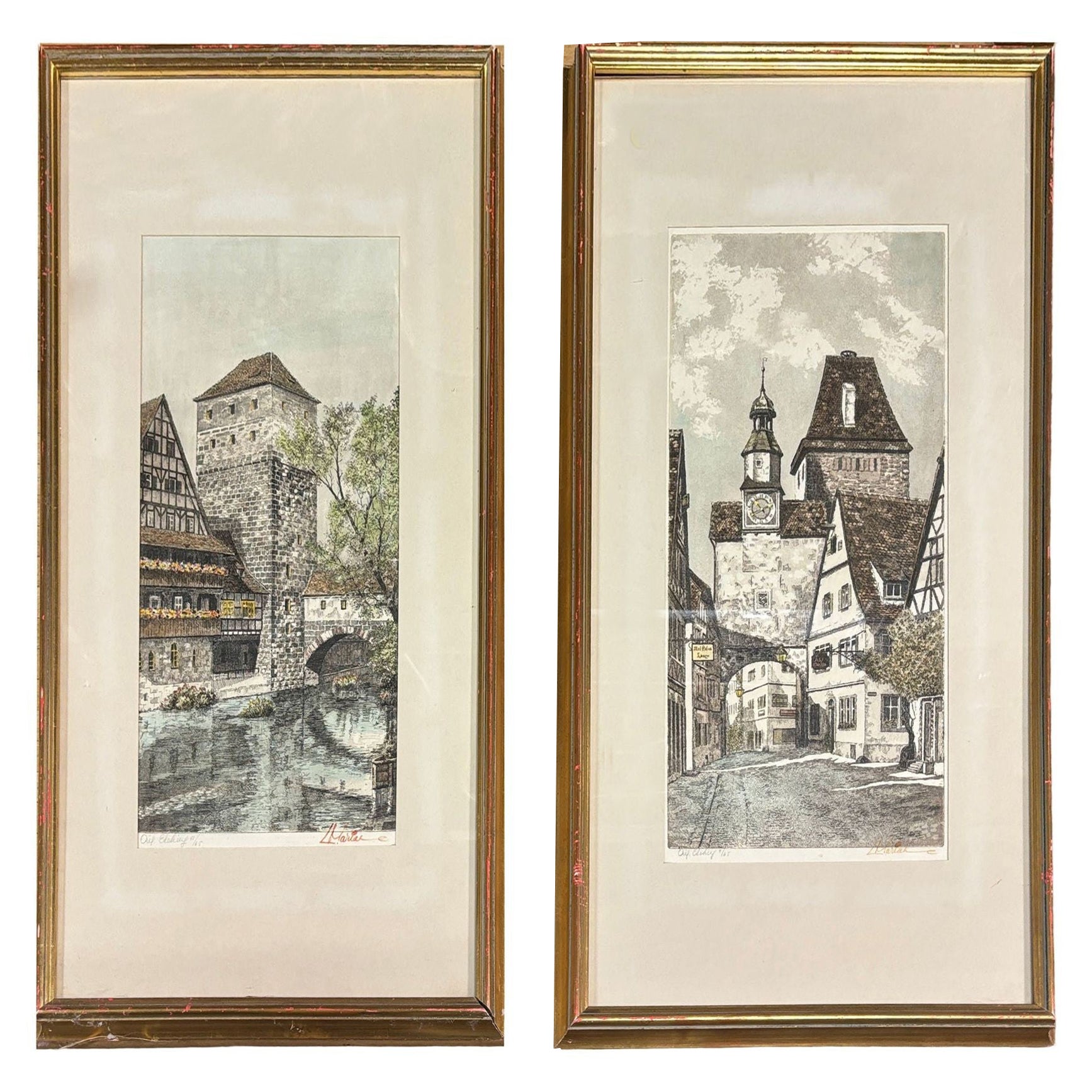 Ein Paar deutsche Nürnberger Dorf-Aquatinta-Radierungen, gerahmt von Rudolf Veit