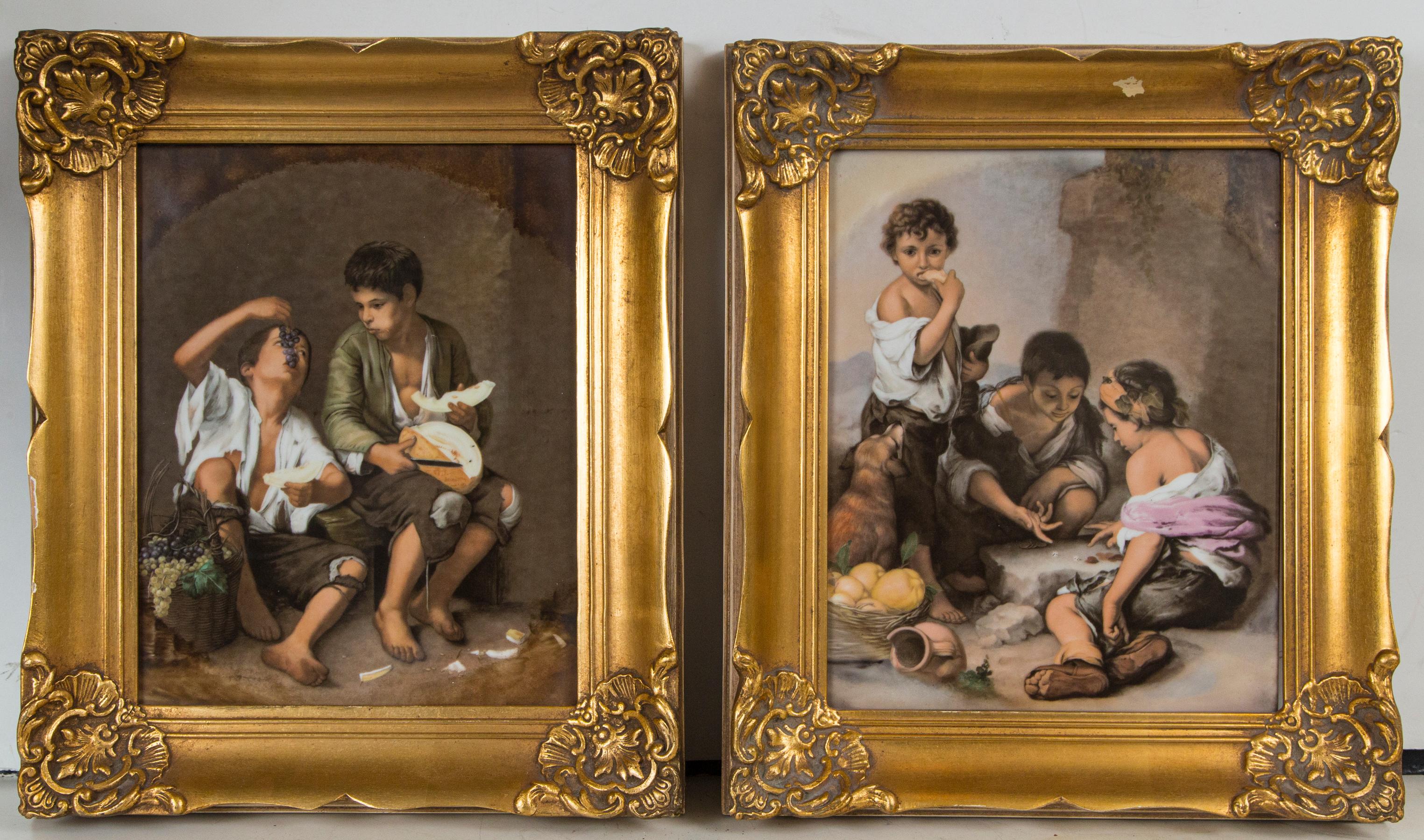 Each within a gilt wood frame. One showing 2 boys enjoying cheese and grapes. The other, 2 playing dice, while a third stands, eating, his dog hoping for some bit of food to drop. The boys all wear torn and tattered clothing.
The back of each