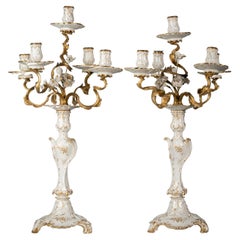 Pair of German Porcelain and Bronze White and Gold Five-Light Candelabra, KPM