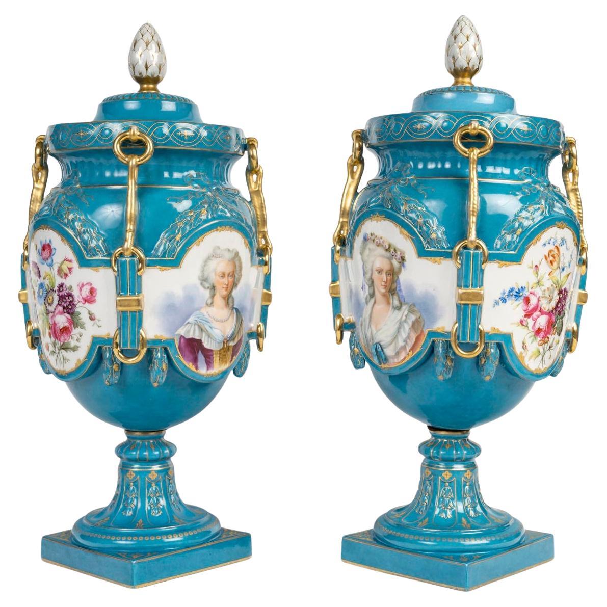 Pair of German Porcelain Covered Vases, 19th Century, Napoleon III Period.