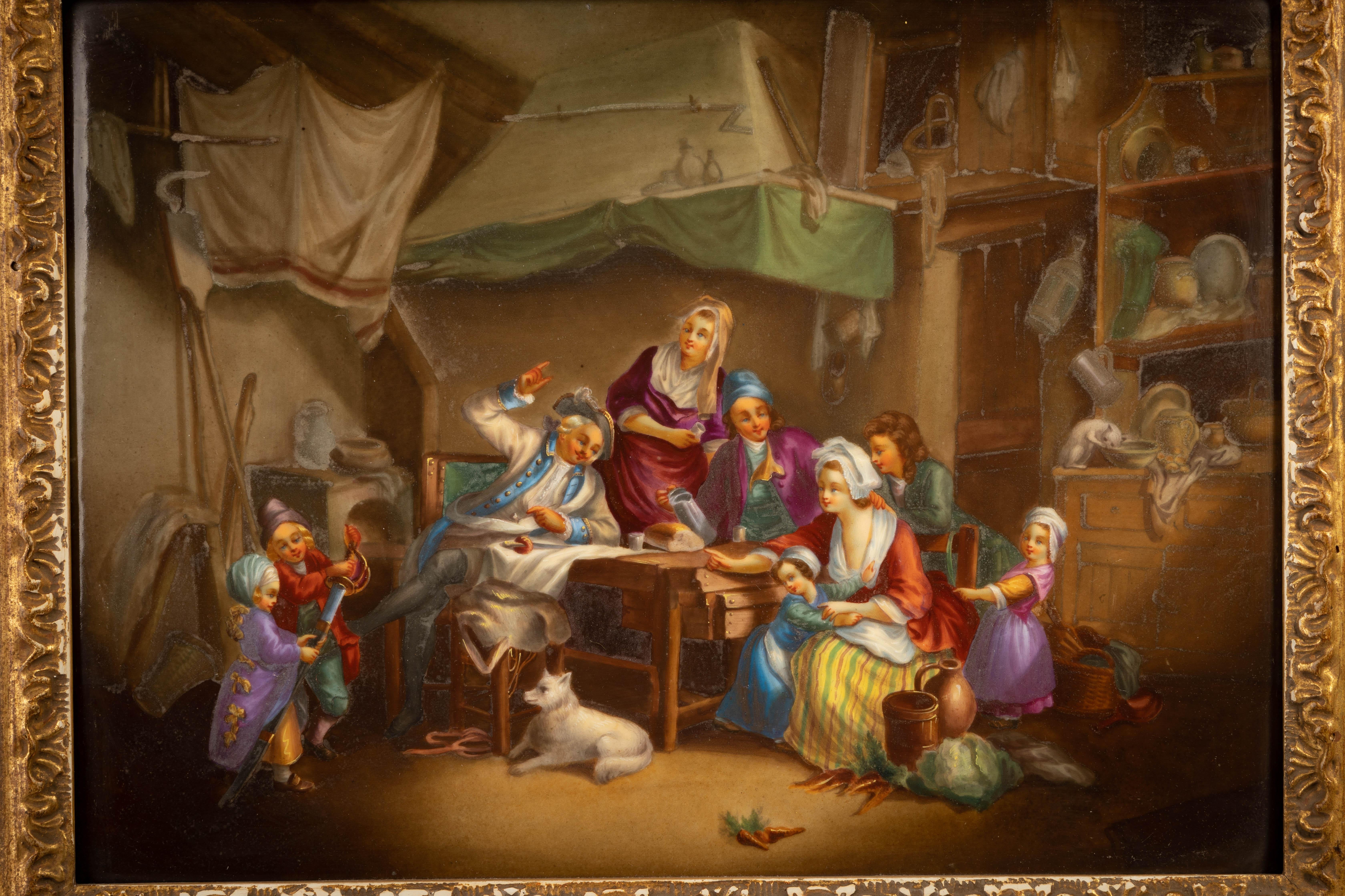 Représentation d'un groupe de personnages autour d'une table avec une miche de pain, un personnage moustachu faisant des gestes avec son épée sur la table et deux enfants à ses côtés jouant avec une autre épée ainsi que d'autres personnages aux