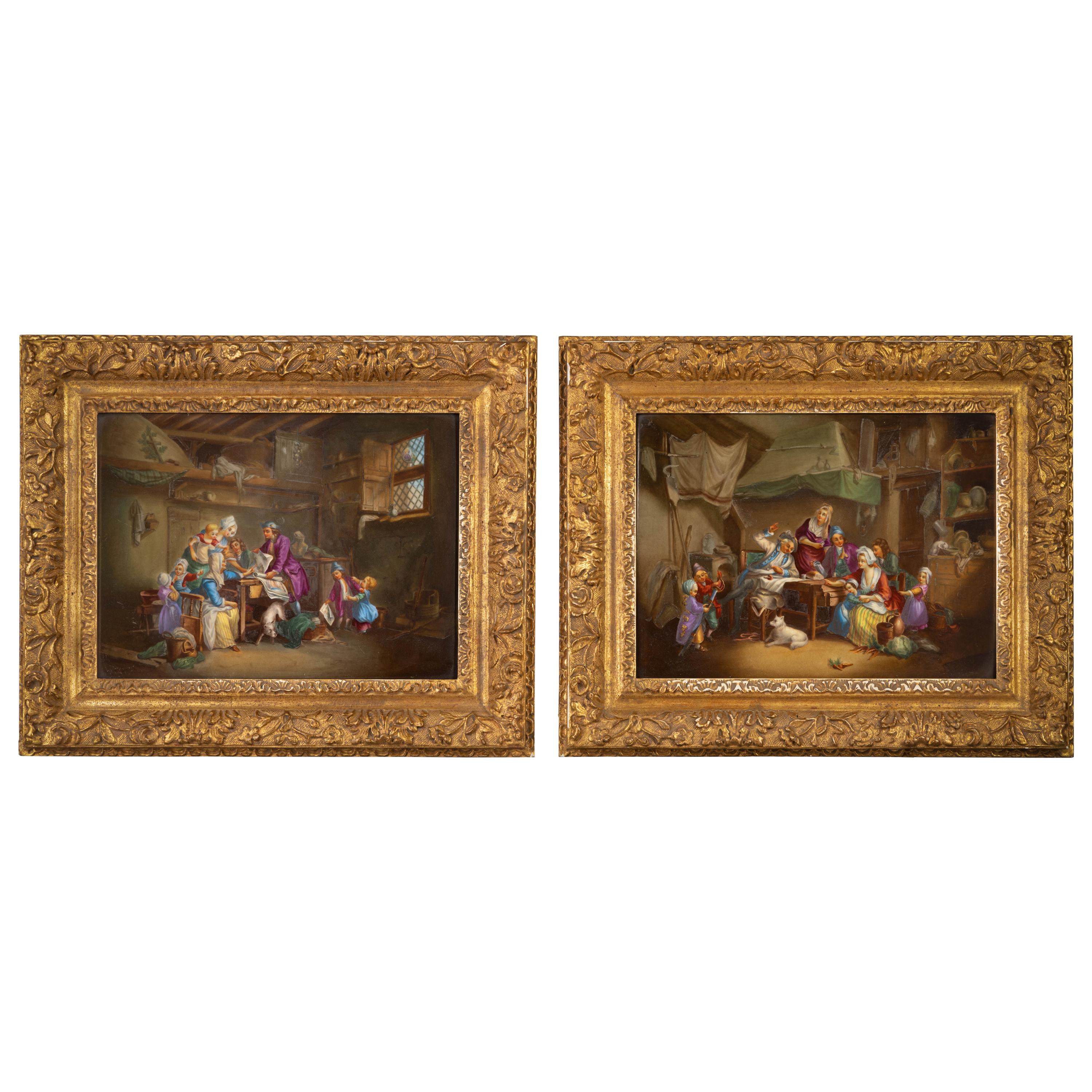 Pair of German Porcelain Interior Family Scenes Framed Plaques, circa 1880 For Sale