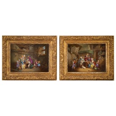 Antique Pair of German Porcelain Interior Family Scenes Framed Plaques, circa 1880