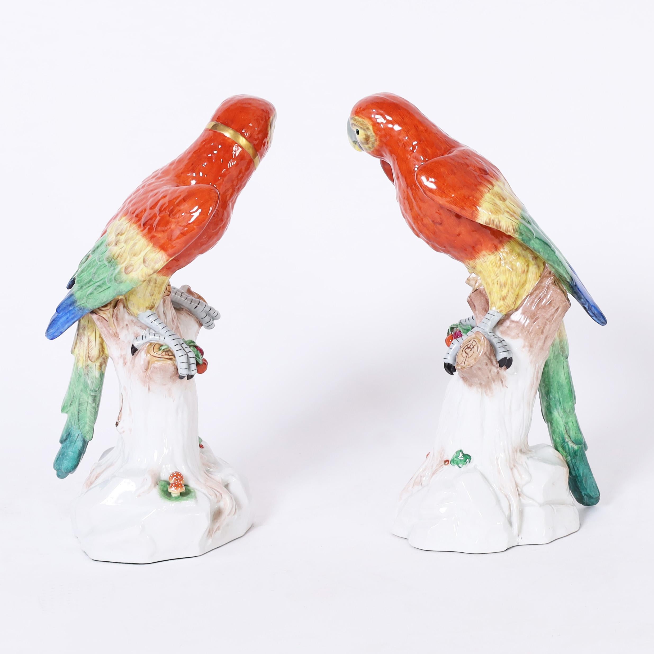 Striking pair of vintage life size porcelain parrots hand decorated with vivid tropical colors and perched on tree trunks. Signed Dresden on the bottoms.