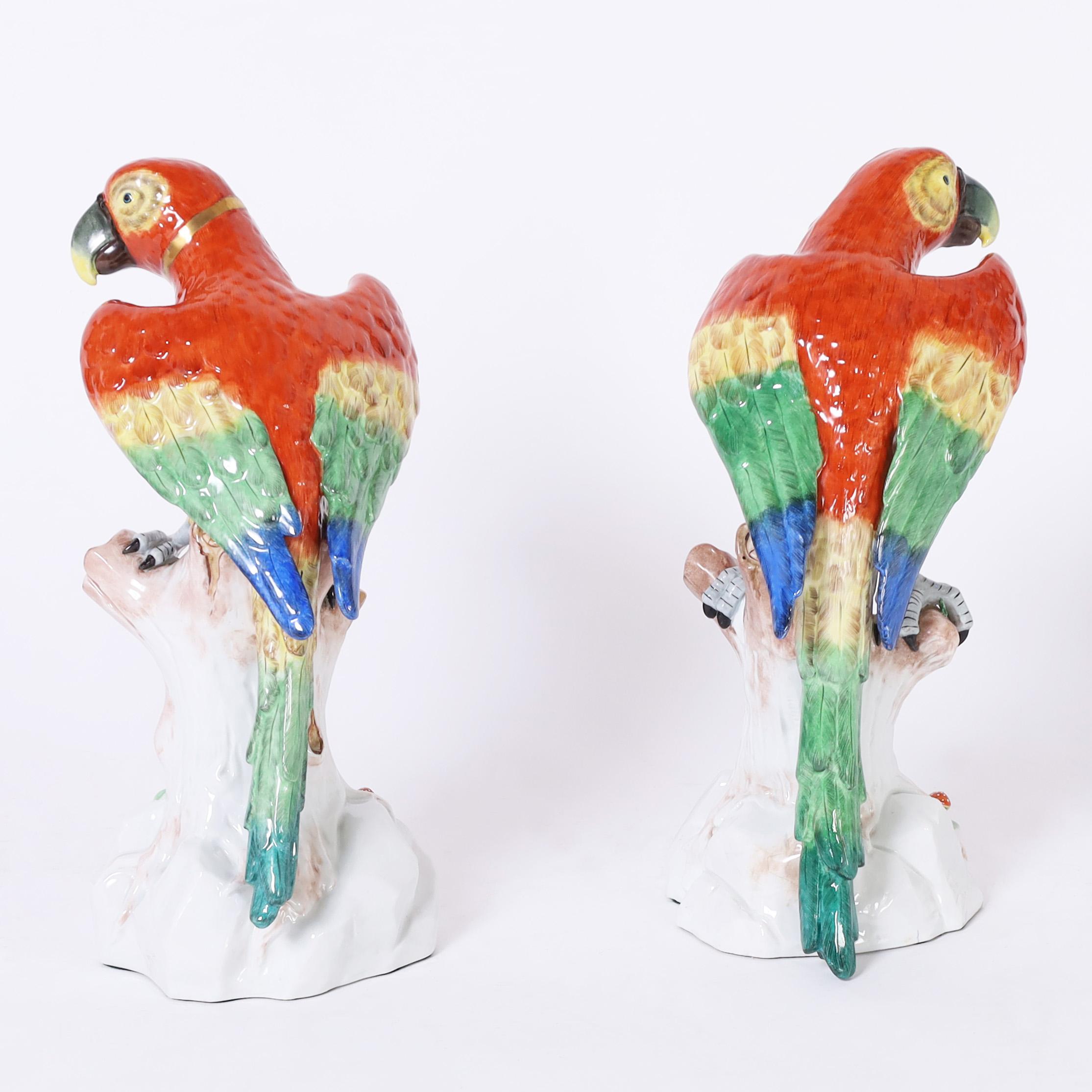 Mid-Century Modern Pair of German Porcelain Parrots Signed Dresden For Sale