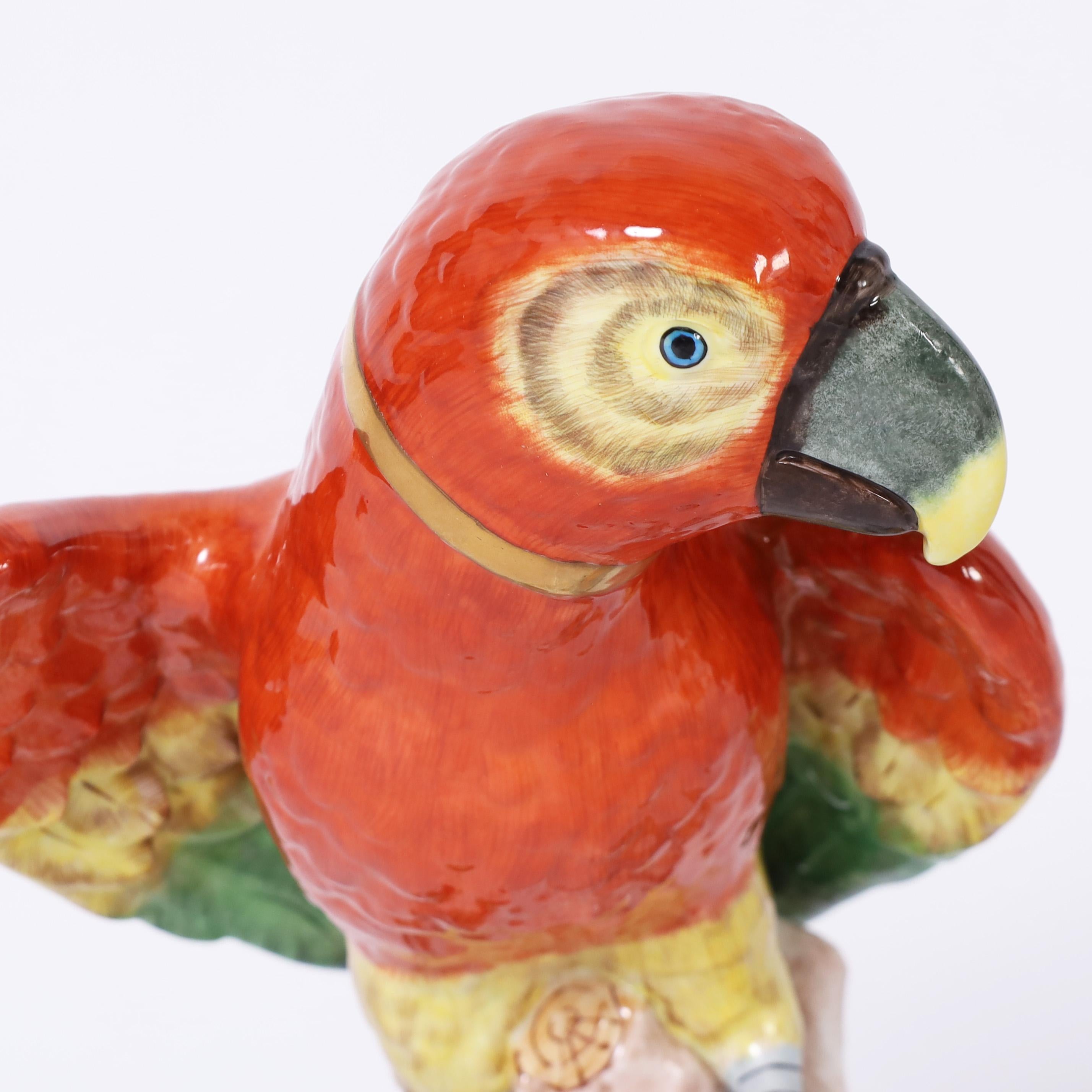 Pair of German Porcelain Parrots Signed Dresden In Good Condition For Sale In Palm Beach, FL