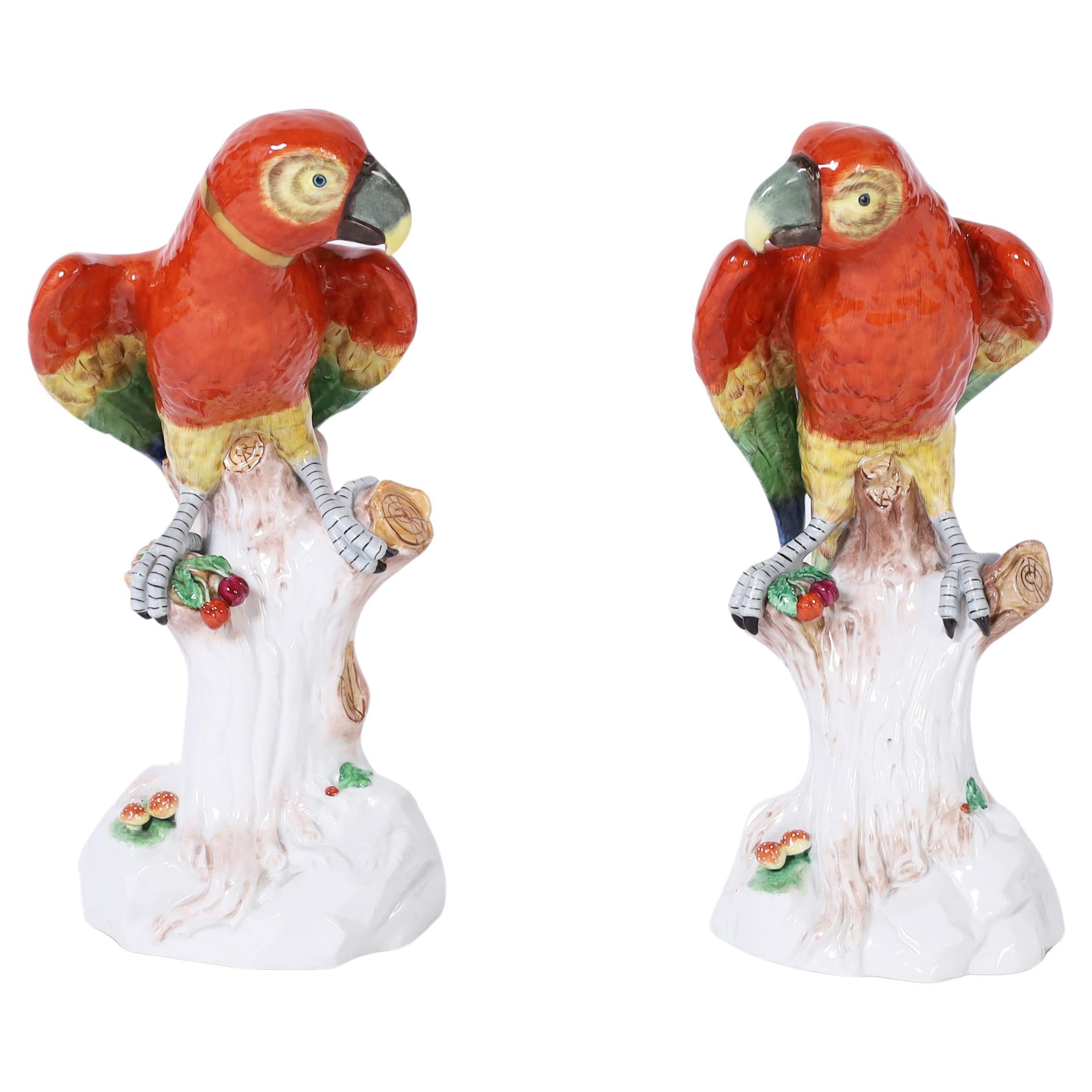 Pair of German Porcelain Parrots Signed Dresden For Sale