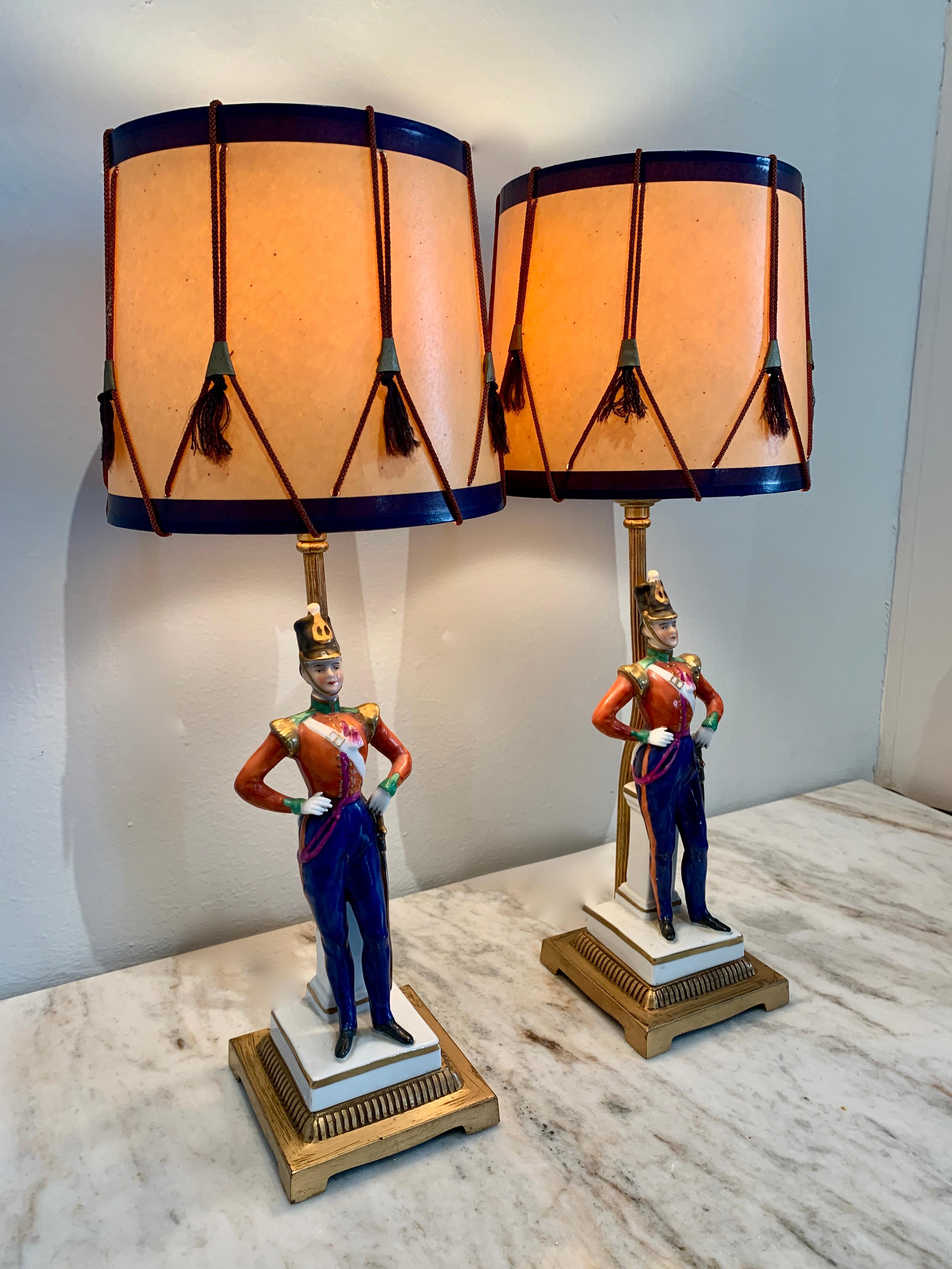 Pair of German Porcelain Soldier Lamps on Bronze Mounts with Drummer Shades 5