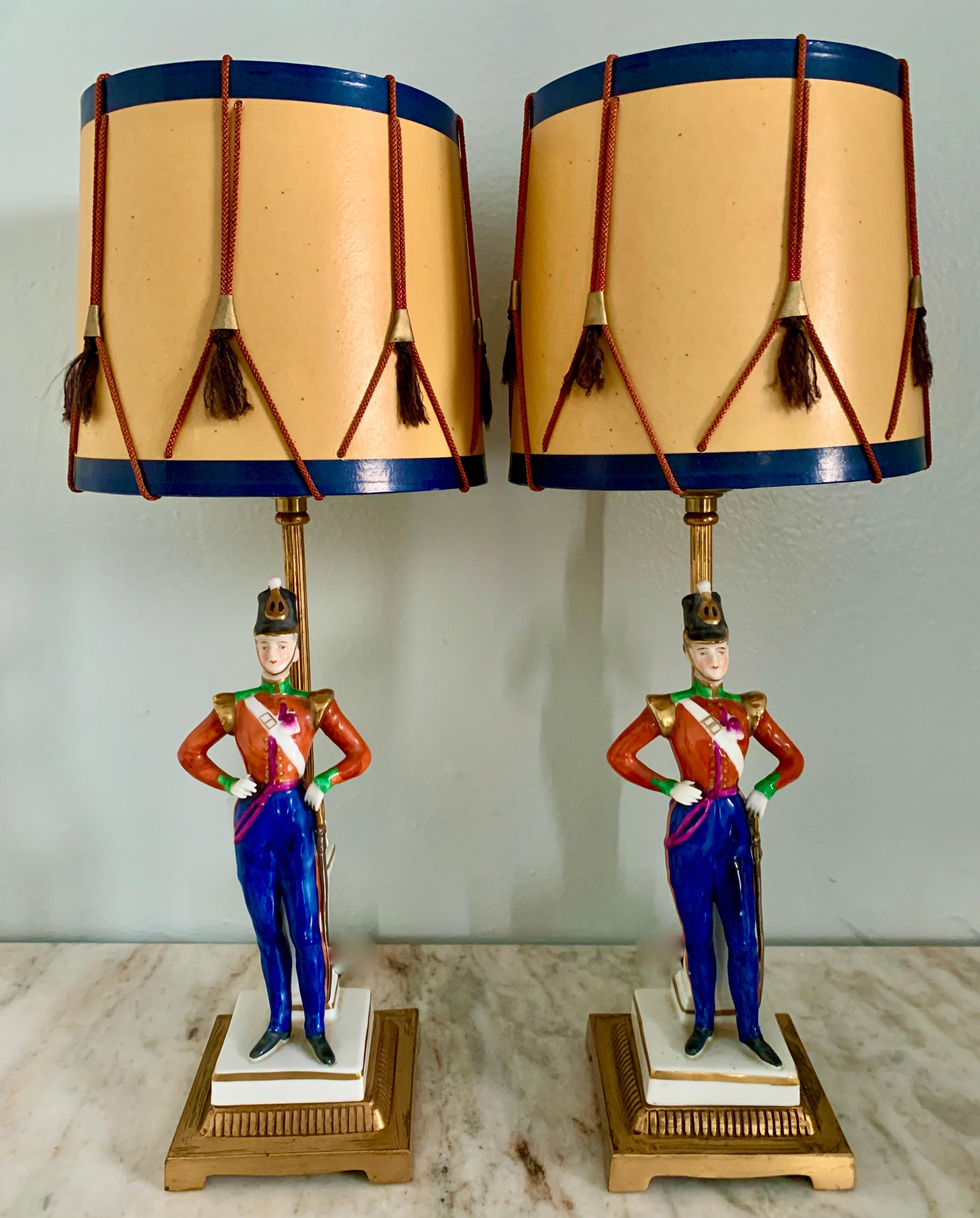 Neoclassical Pair of German Porcelain Soldier Lamps on Bronze Mounts with Drummer Shades