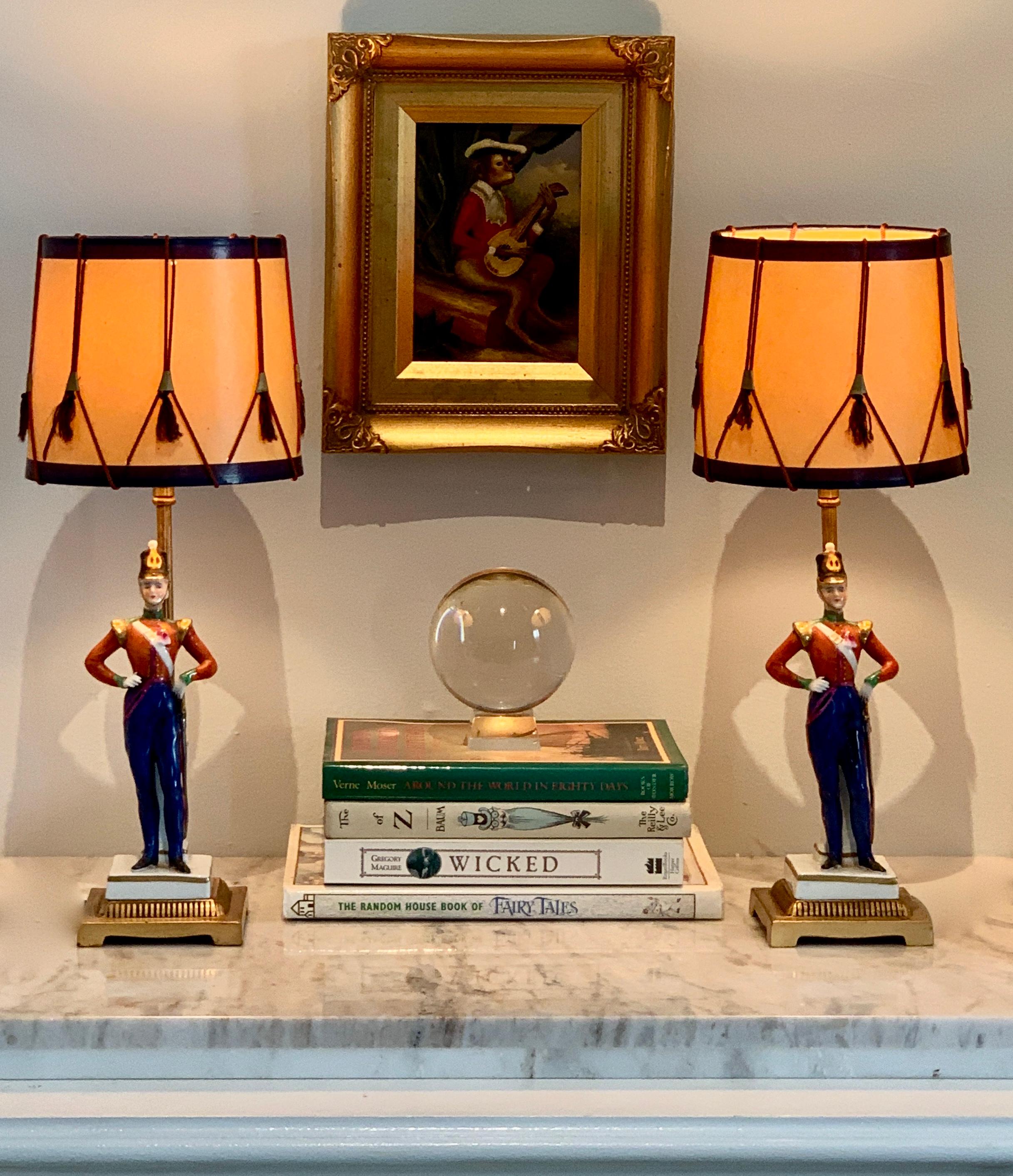 Pair of German Porcelain Soldier Lamps on Bronze Mounts with Drummer Shades In Good Condition In Los Angeles, CA
