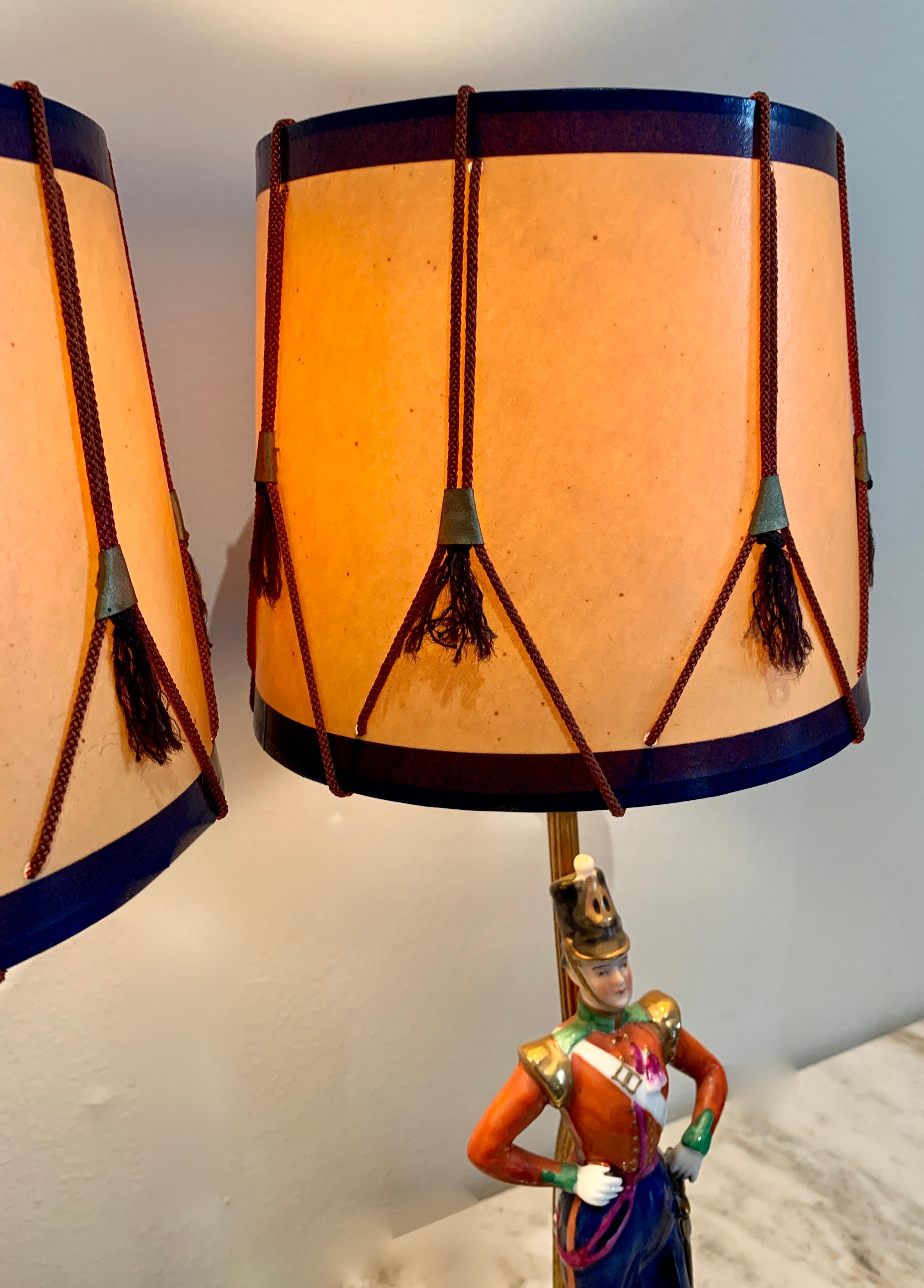 Pair of German Porcelain Soldier Lamps on Bronze Mounts with Drummer Shades 2