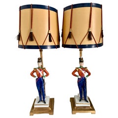 Vintage Pair of German Porcelain Soldier Lamps on Bronze Mounts with Drummer Shades