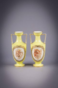 Pair of German Porcelain Yellow Ground Two Handled Vases, Berlin, circa 1900