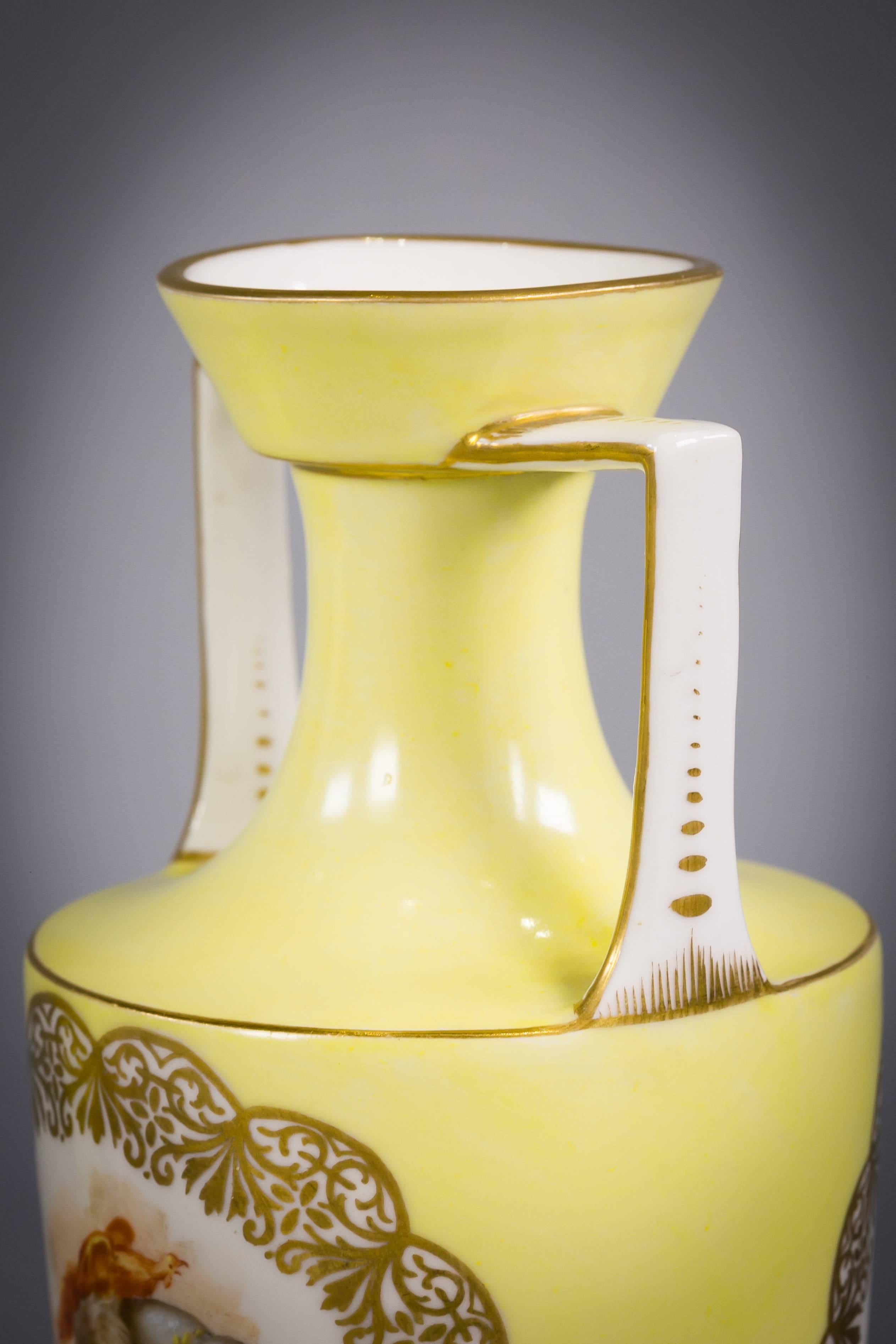 Pair of German Porcelain Yellow Ground Two Handled Vases, Berlin, circa 1900 In Excellent Condition For Sale In New York, NY