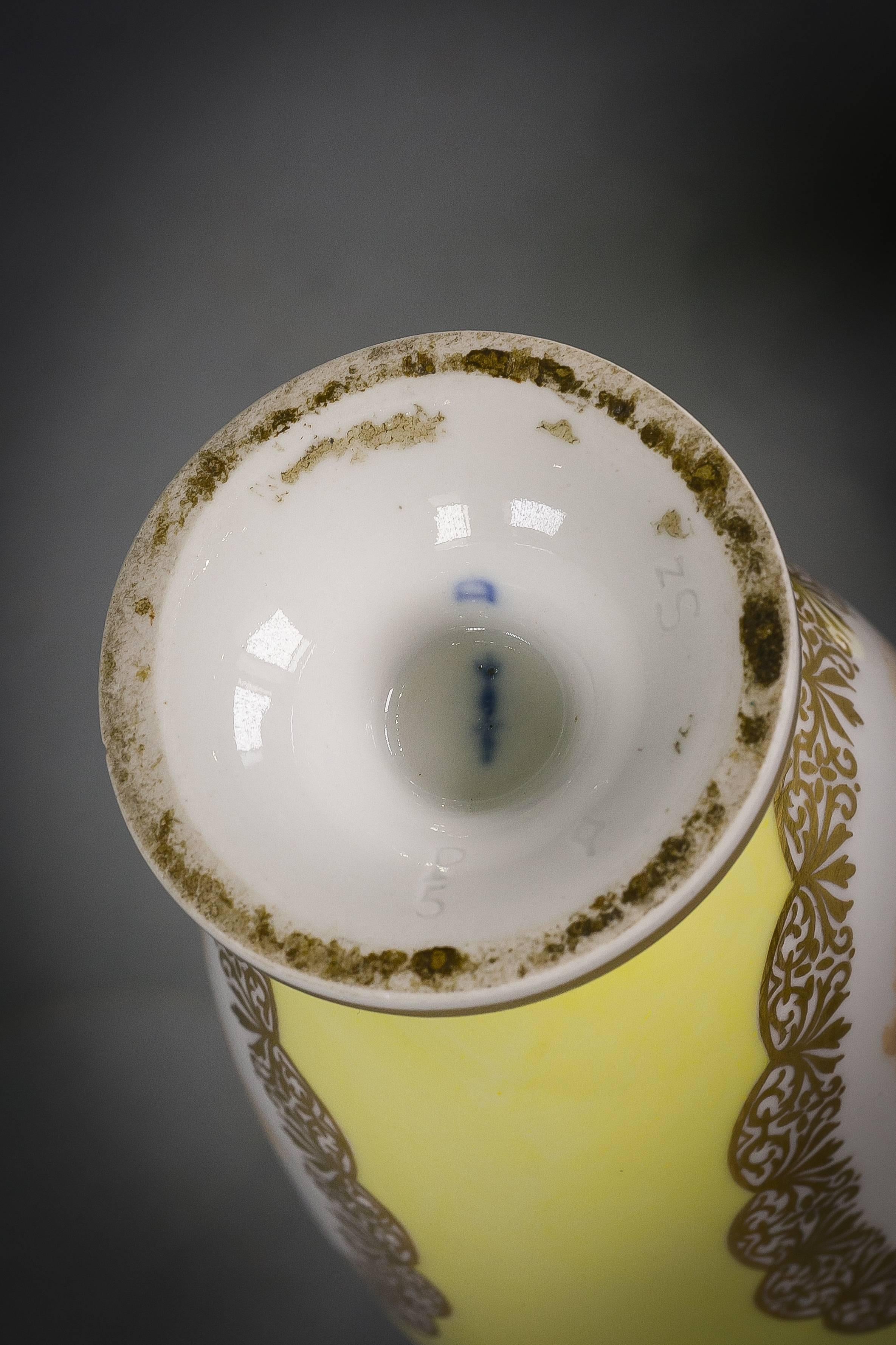 Early 20th Century Pair of German Porcelain Yellow Ground Two Handled Vases, Berlin, circa 1900 For Sale