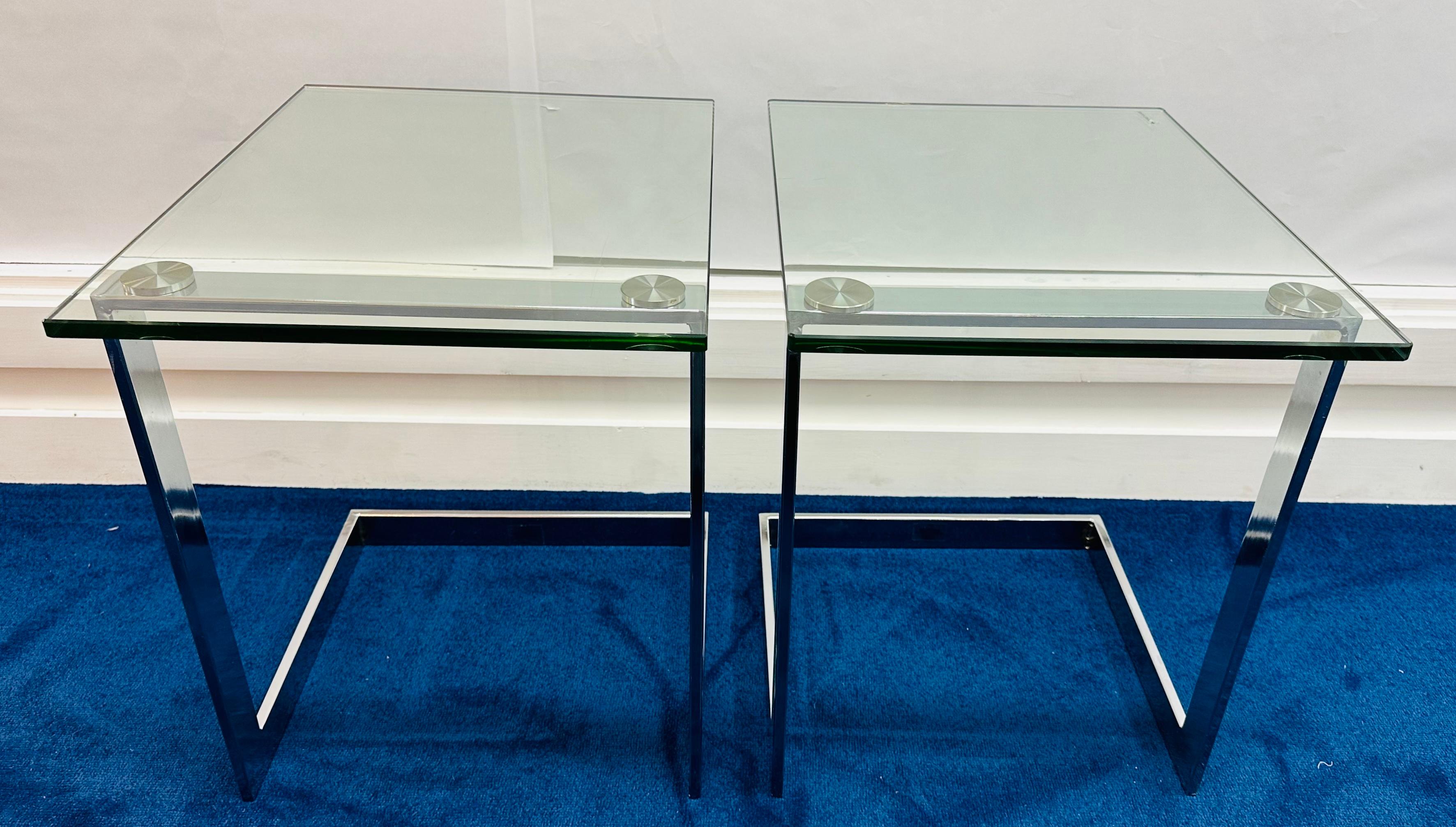 Pair of German Postmodern GEBRA Cantilevered Glass & Chrome Side Coffee Tables For Sale 4