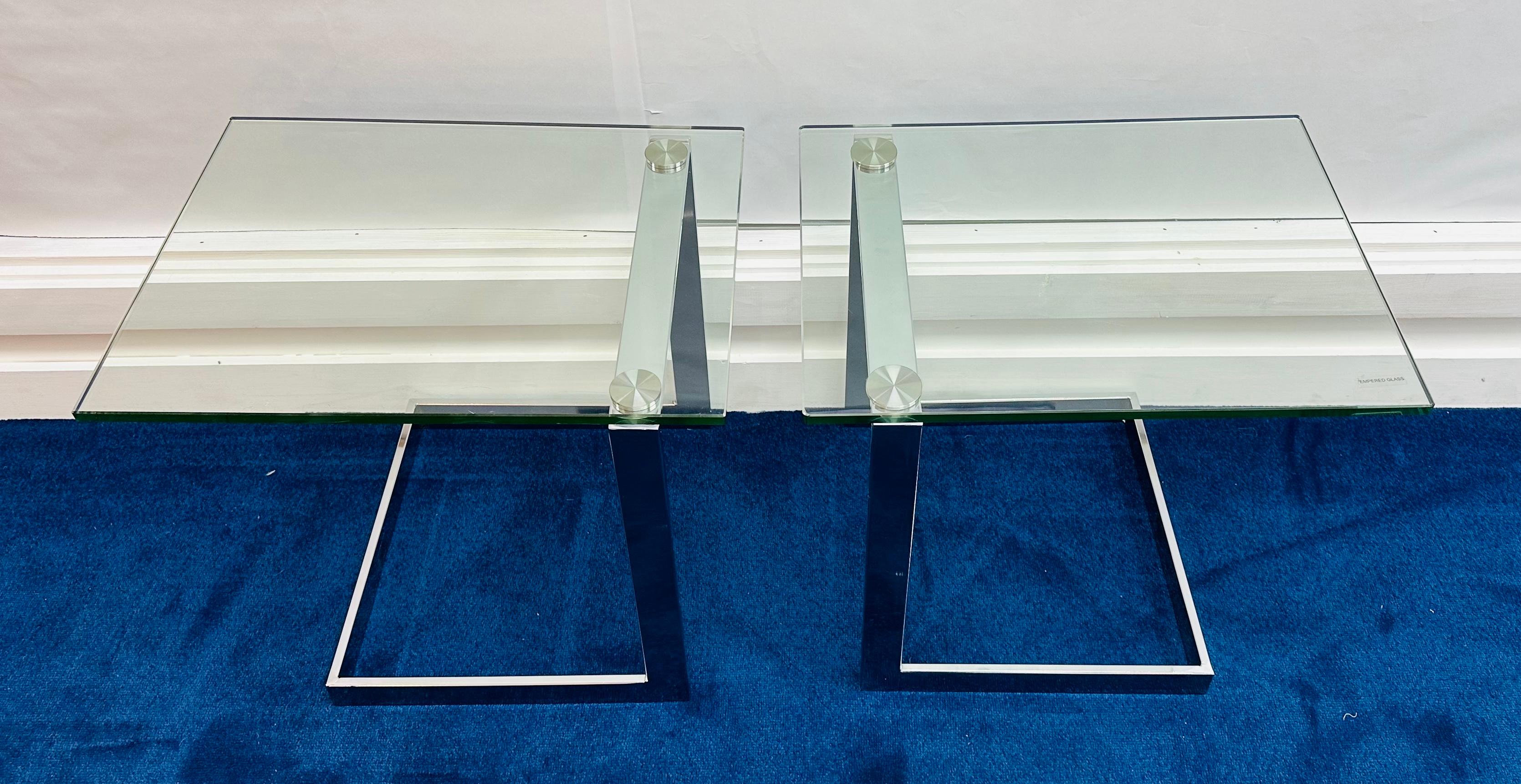 Pair of German Postmodern GEBRA Cantilevered Glass & Chrome Side Coffee Tables For Sale 2