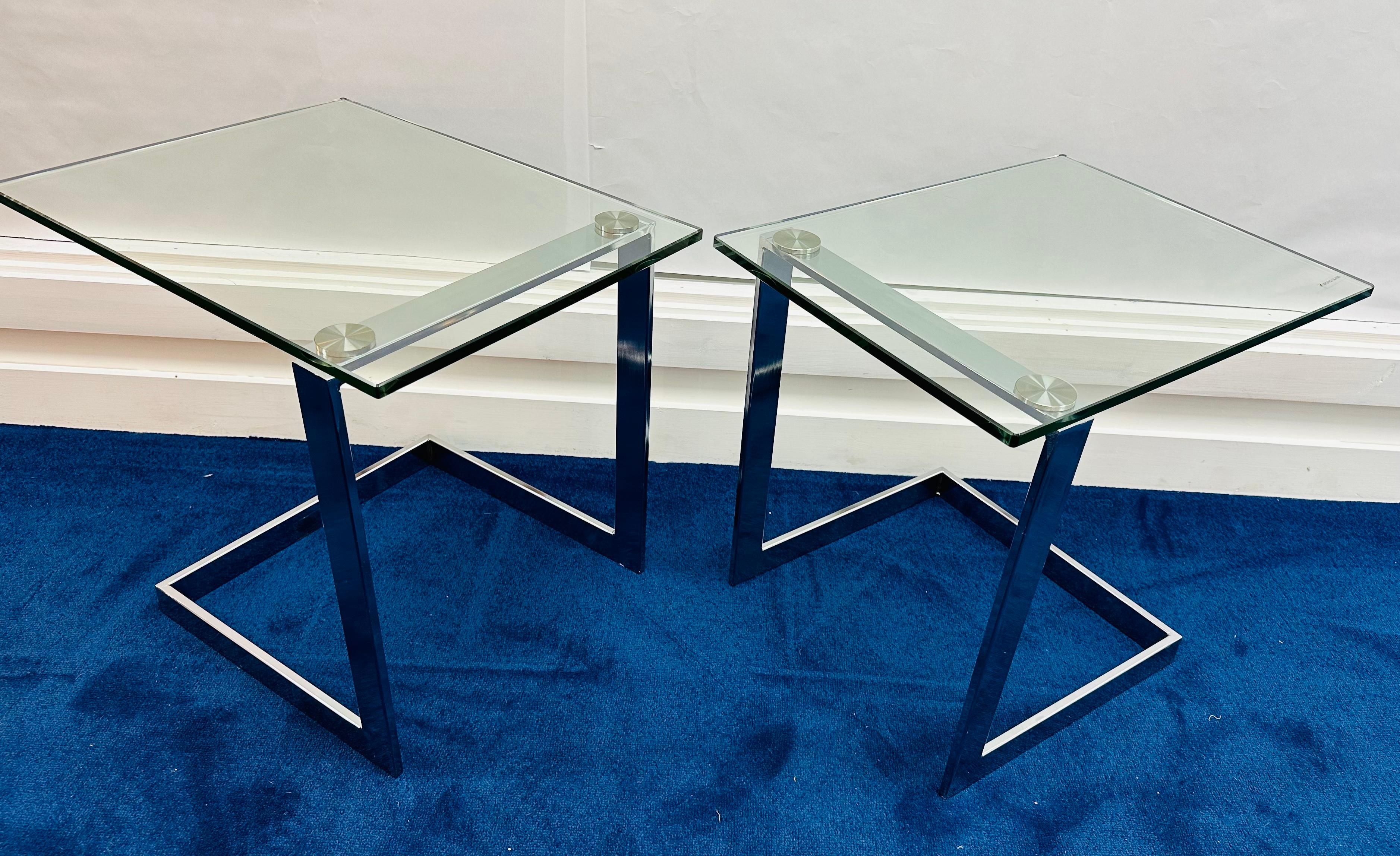 Pair of German Postmodern GEBRA Cantilevered Glass & Chrome Side Coffee Tables For Sale 3
