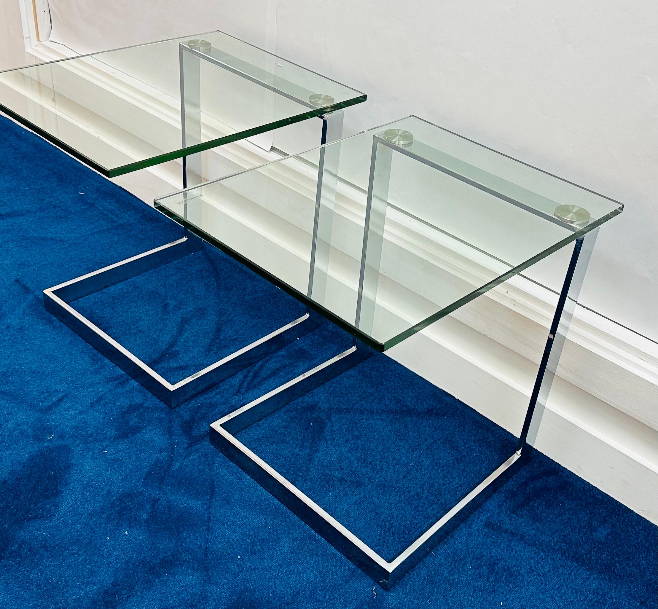 Post-Modern Pair of German Postmodern GEBRA Cantilevered Glass & Chrome Side Coffee Tables For Sale