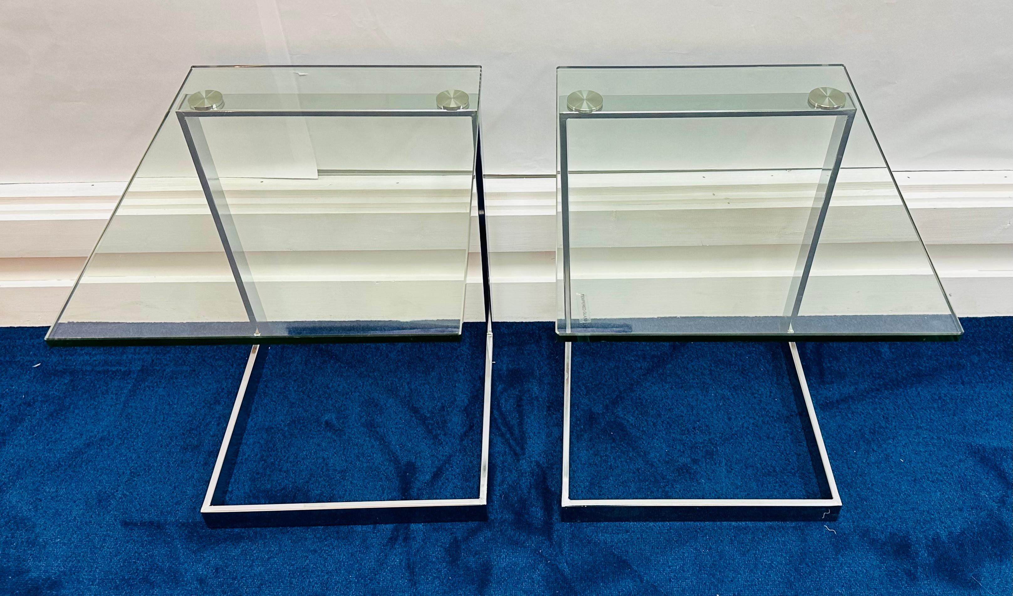 Polished Pair of German Postmodern GEBRA Cantilevered Glass & Chrome Side Coffee Tables For Sale