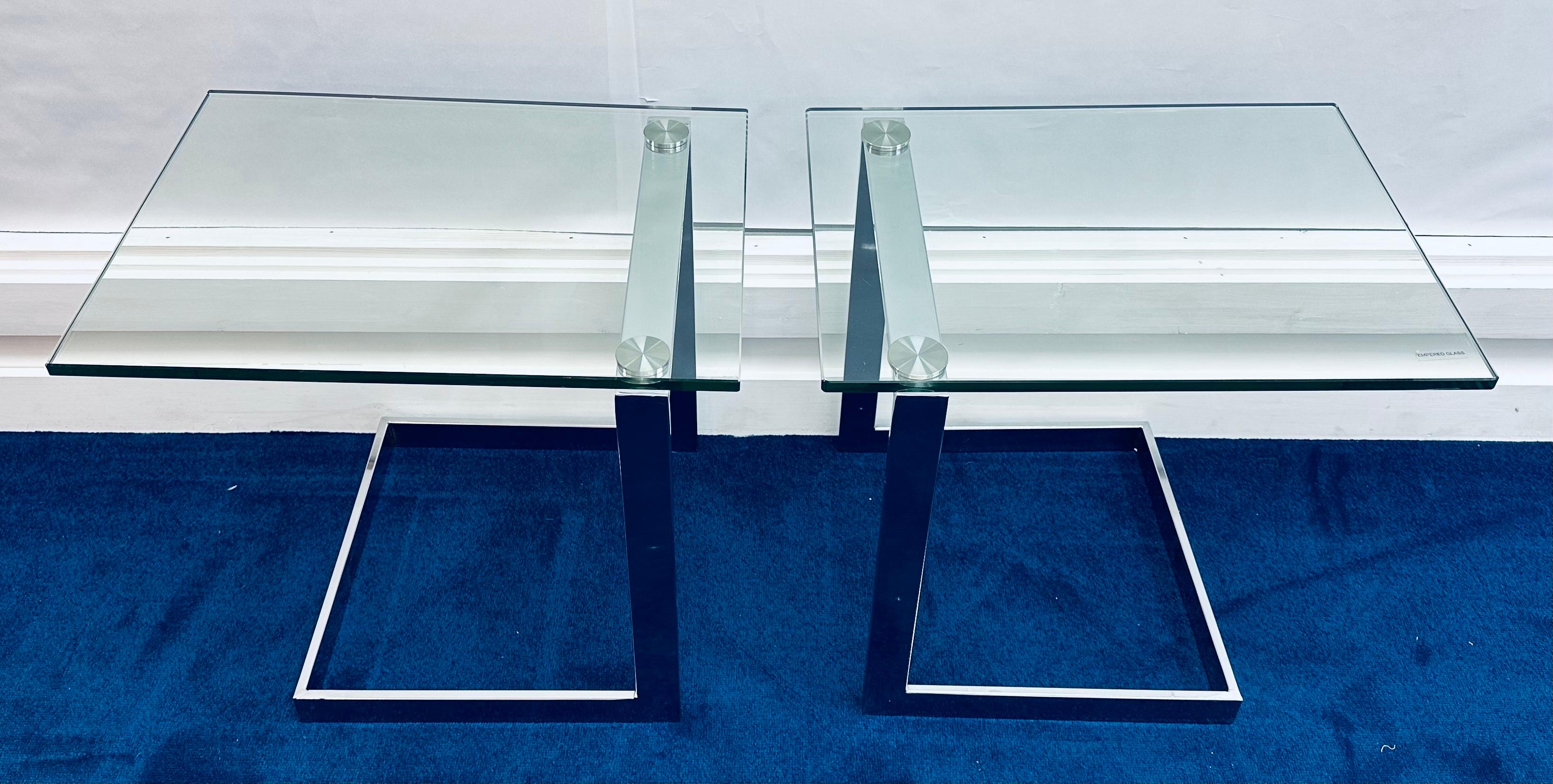 Pair of German Postmodern GEBRA Cantilevered Glass & Chrome Side Coffee Tables In Good Condition For Sale In London, GB