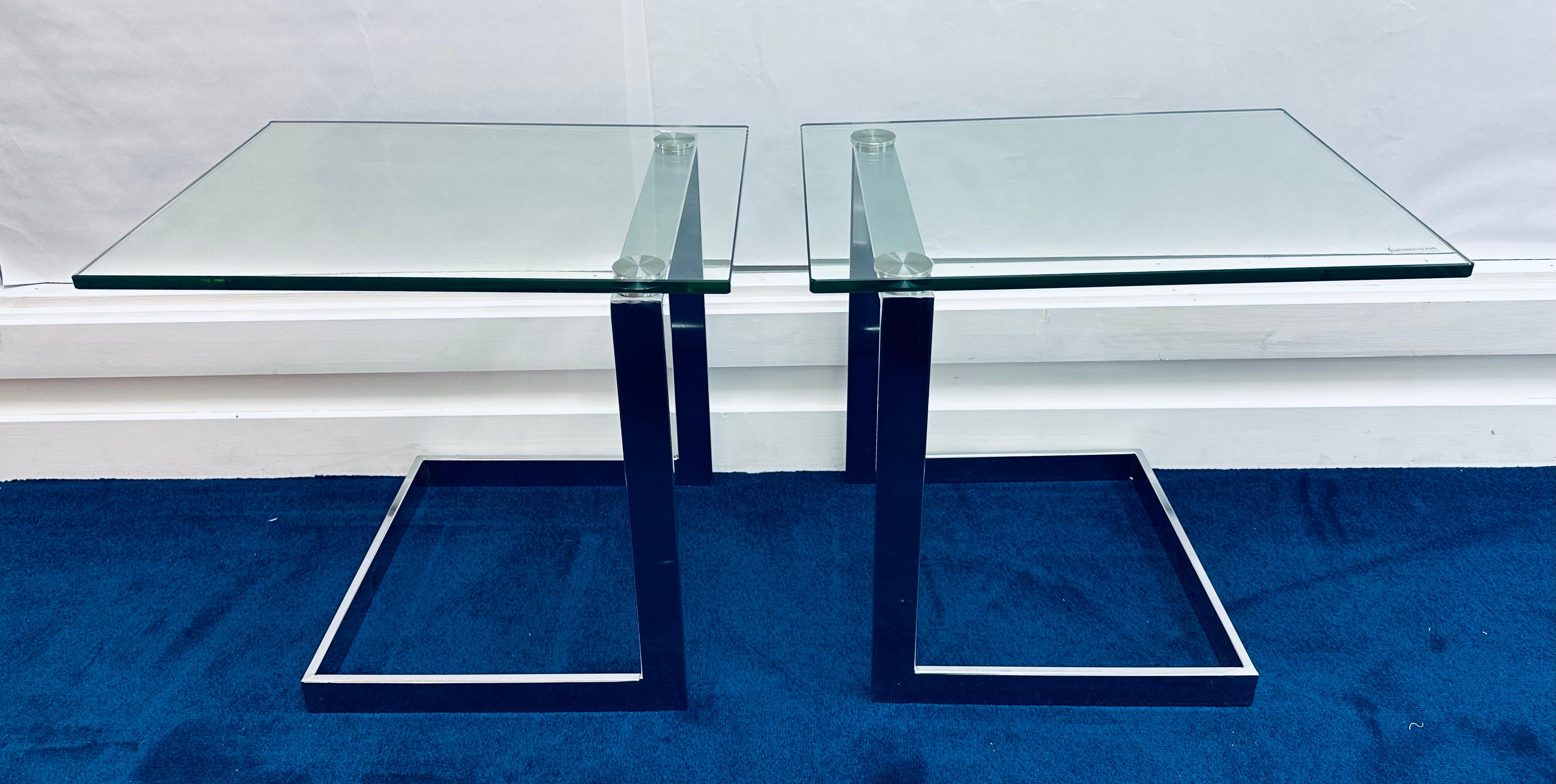 Late 20th Century Pair of German Postmodern GEBRA Cantilevered Glass & Chrome Side Coffee Tables For Sale