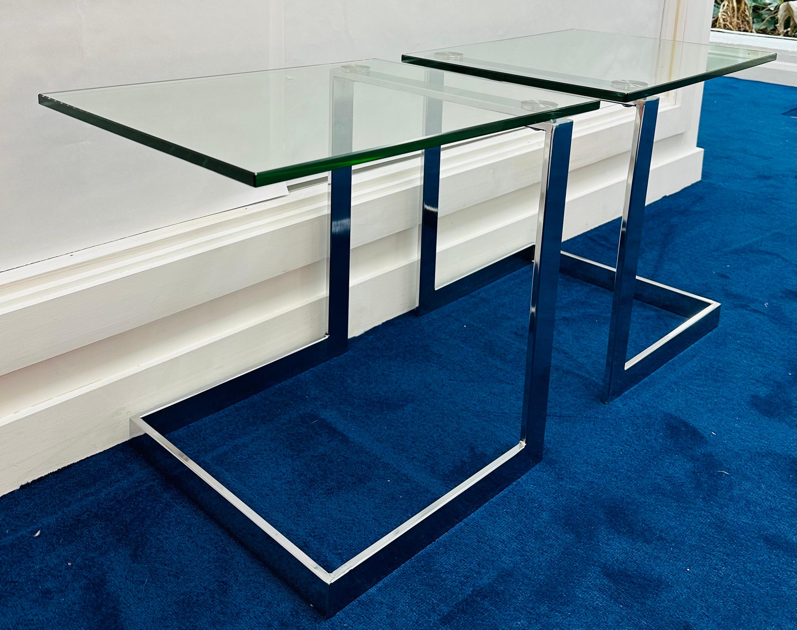 Pair of German Postmodern GEBRA Cantilevered Glass & Chrome Side Coffee Tables For Sale 1