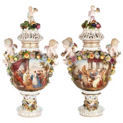Pair of German Rococo Style Dresden Porcelain Vases