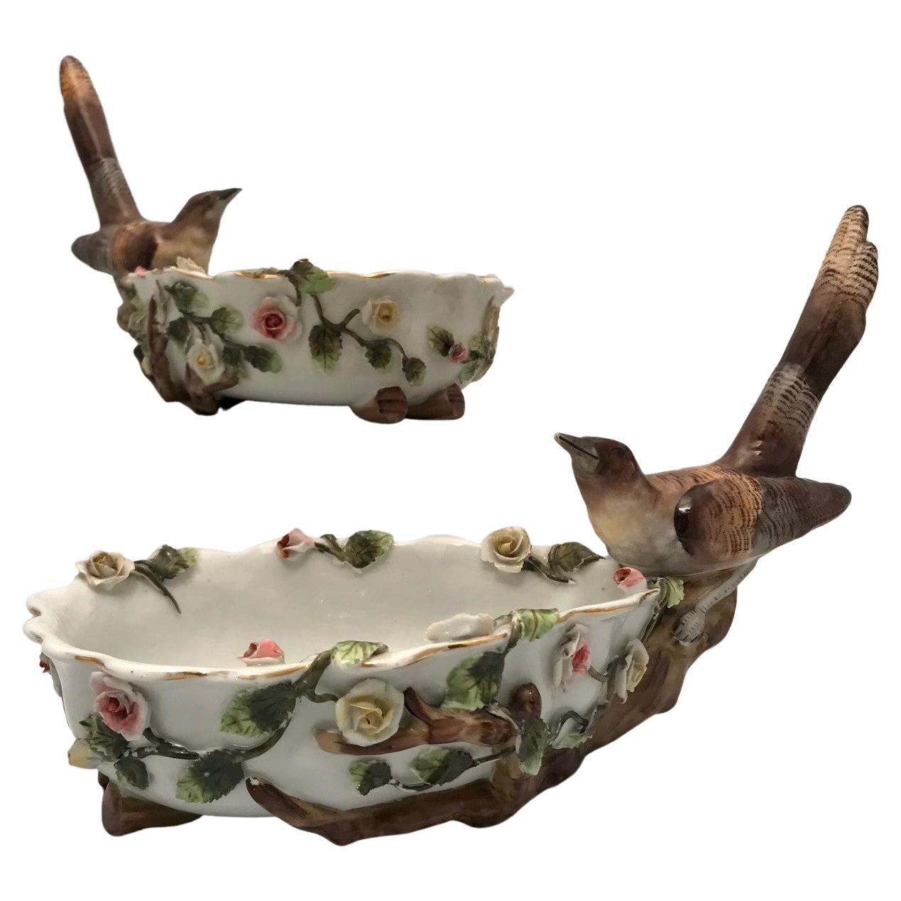Pair of German Shaped Dessert Dishes Each Modelled with a Bird Amidst Flowers For Sale