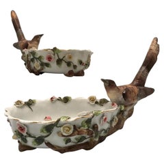Antique Pair of German Shaped Dessert Dishes Each Modelled with a Bird Amidst Flowers