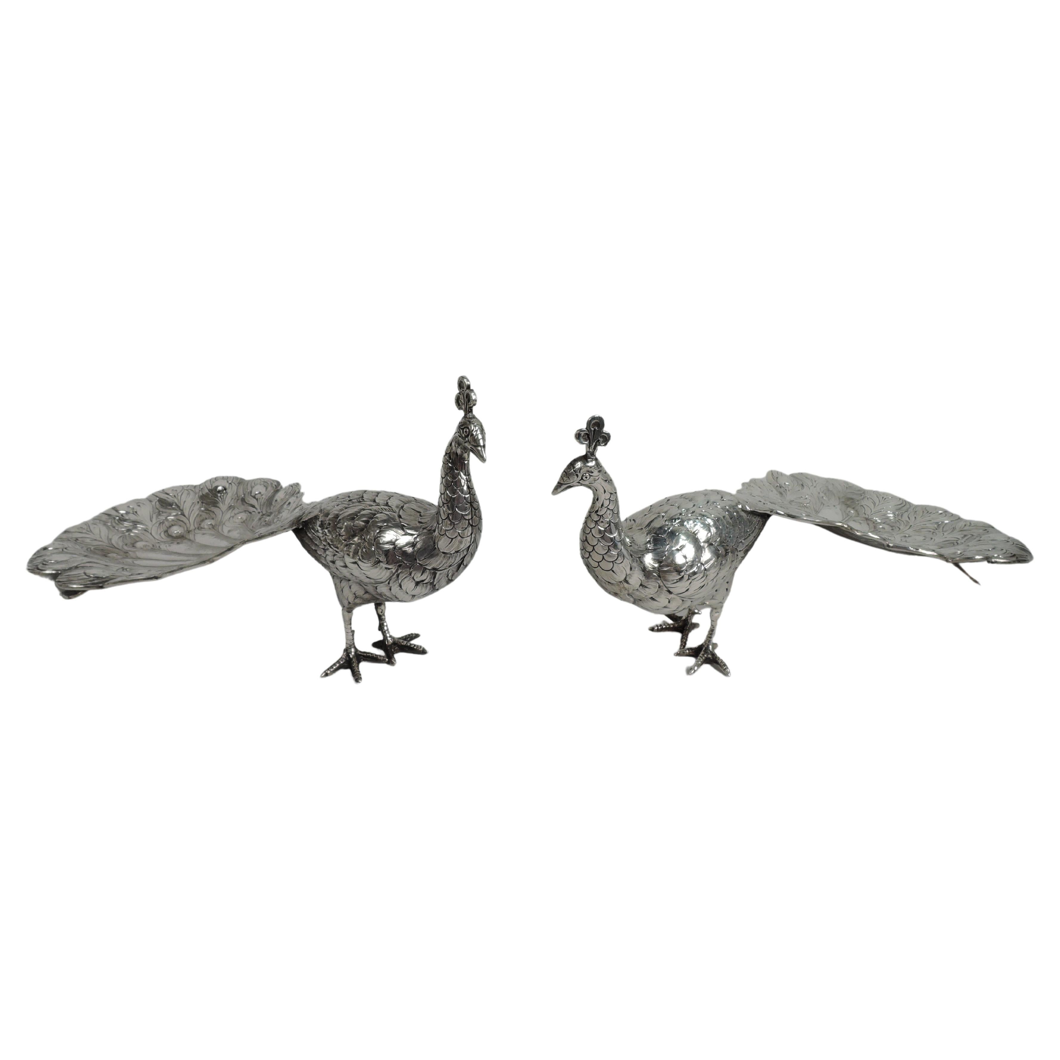 Pair of German Silver Centerpiece Peacocks