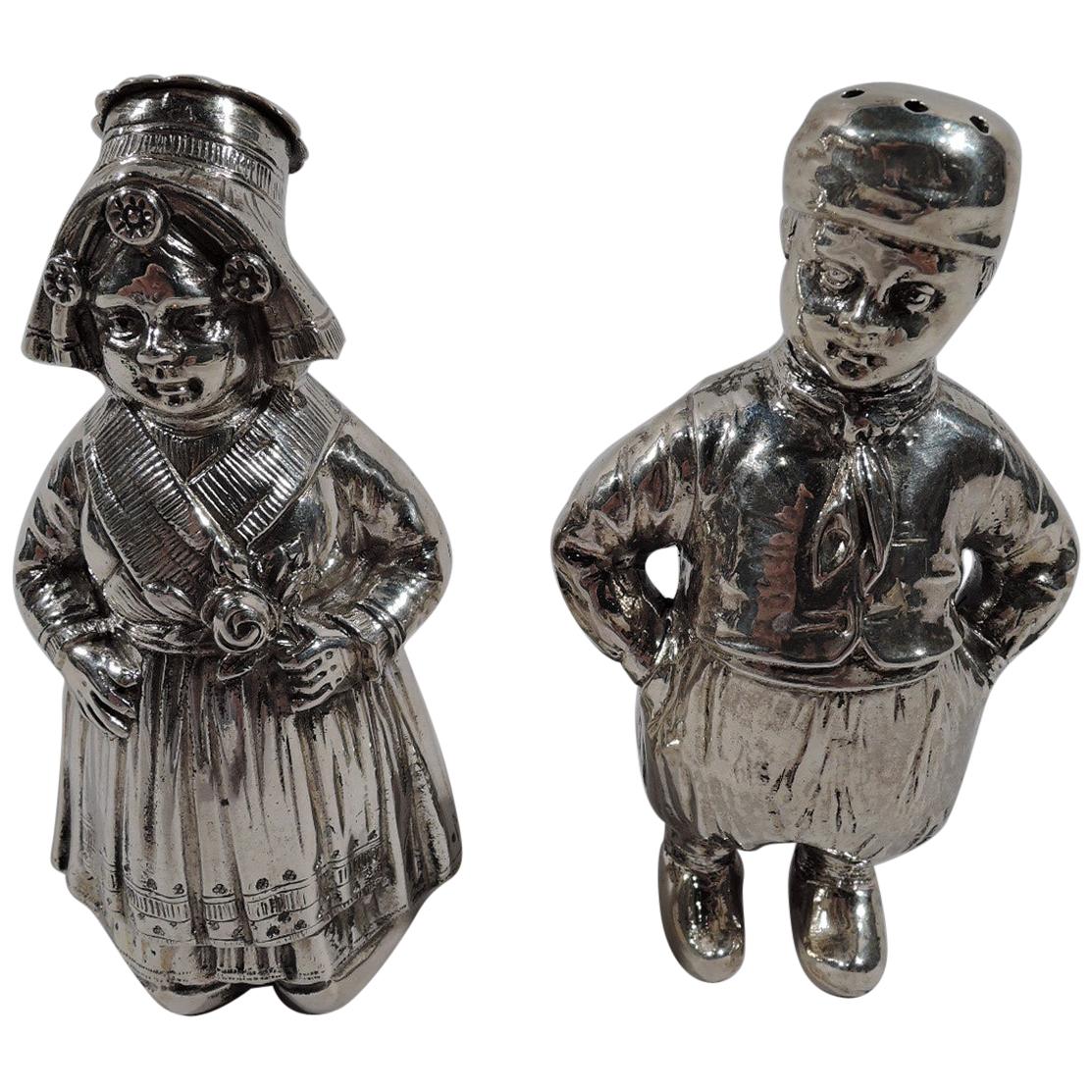 Pair of German Silver Country Children Salt and Pepper Shakers