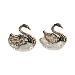 Pair of German Sterling Silver and Crystal Swan Salt Cellars