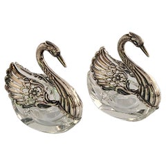 Vintage Pair of German Sterling Silver and Crystal Swan Salt Cellars