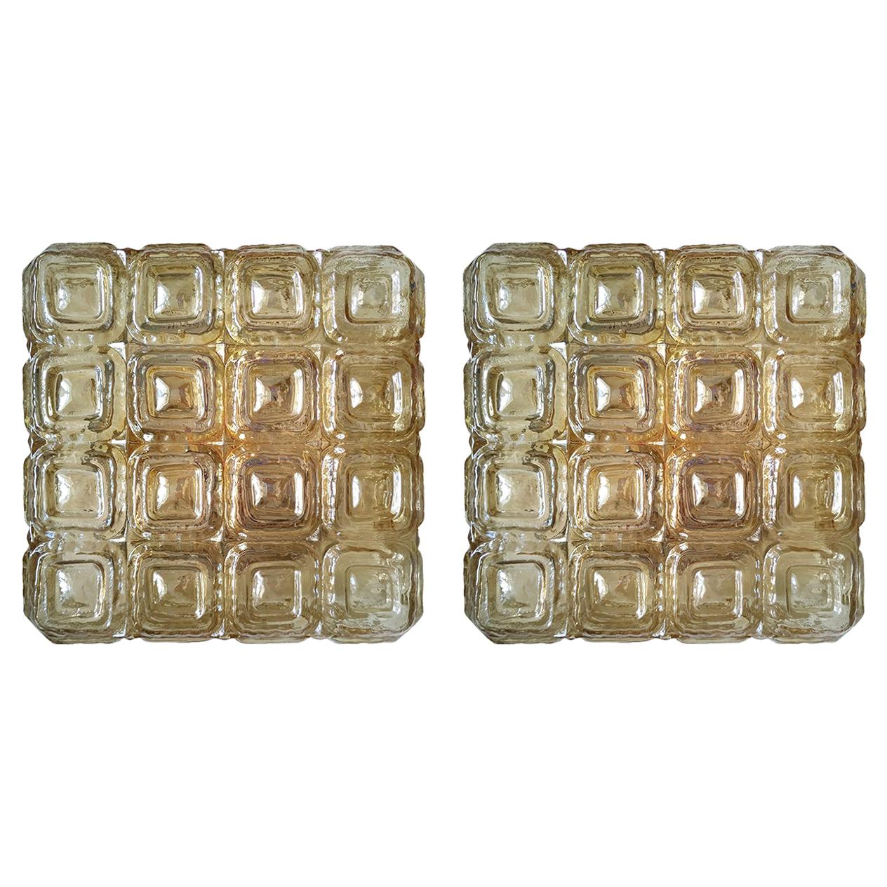 Pair of German Vintage Amber Glass Ceiling or Wall Lights Flush Mounts, 1960s