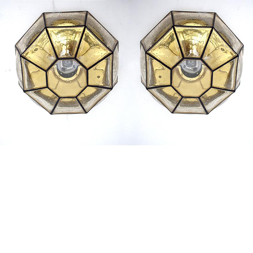Mid-20th Century Pair of German Vintage Blown Glass Ceiling or Wall Lights Flush Mounts 1960s For Sale