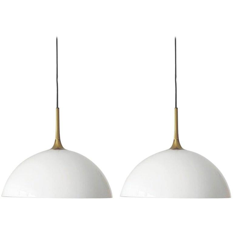 Pair of German Vintage Brass and Glass Pendant Lights, 1960s