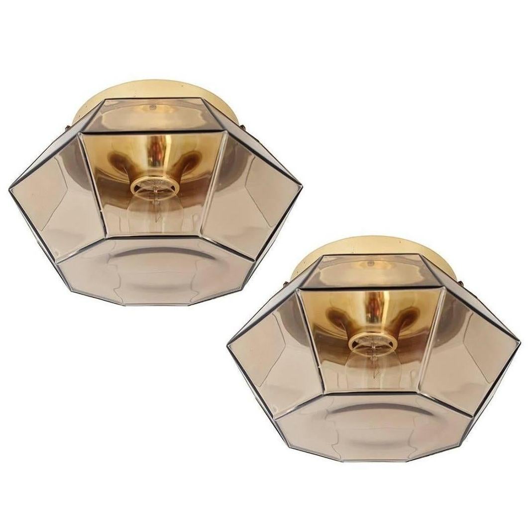 Pair of German Vintage Minimalist Glass Ceiling or Wall Lights Flush Mounts For Sale