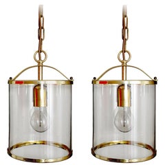 Pair of German Vintage Glass and Brass Pendants Ceiling Lights, 1960s