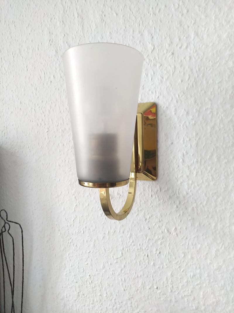 Minimalist Pair of German Vintage Glass and Brass Sconces Wall Lights, 1950s For Sale