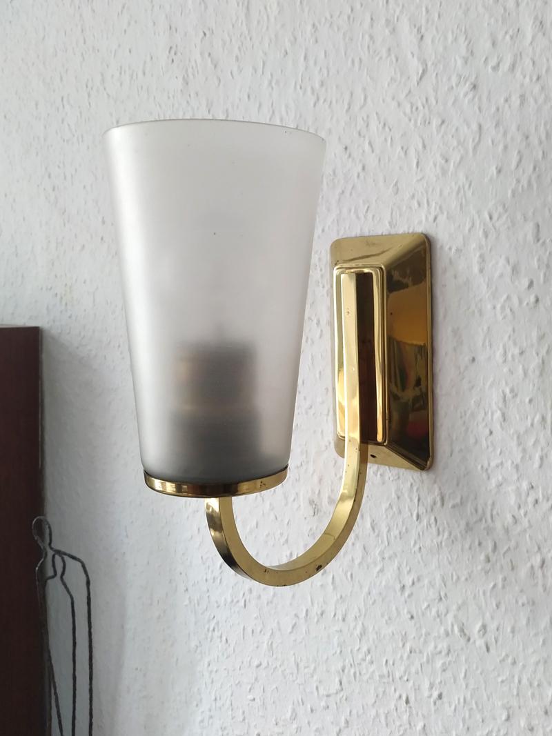 20th Century Pair of German Vintage Glass and Brass Sconces Wall Lights, 1950s For Sale