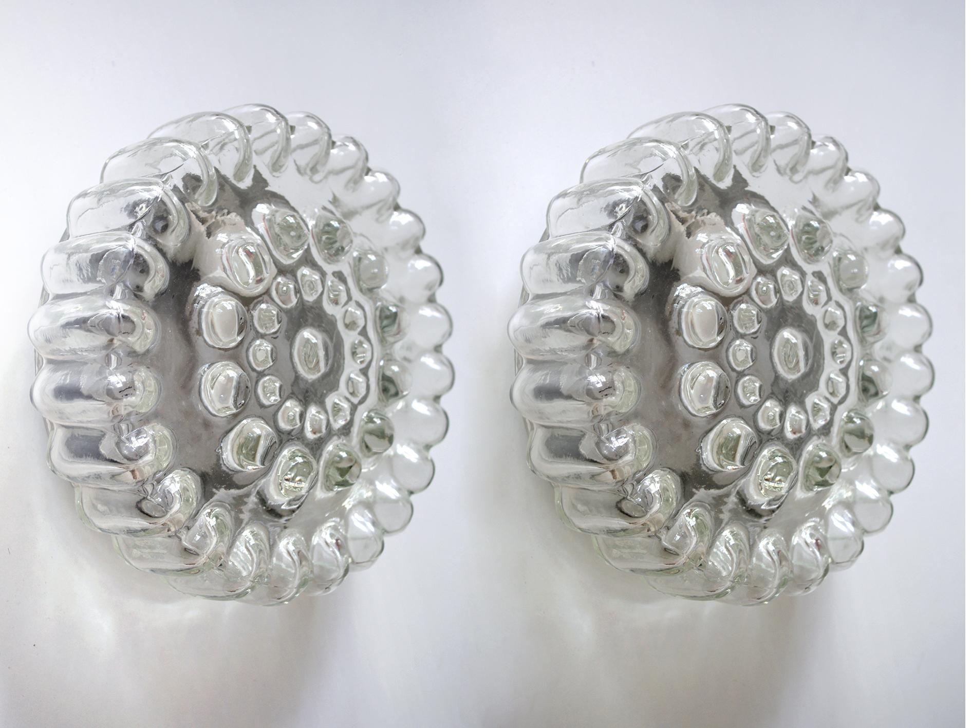 Mid-20th Century Pair of German Vintage Glass Ceiling or Wall Lights Flushmounts, 1960s For Sale