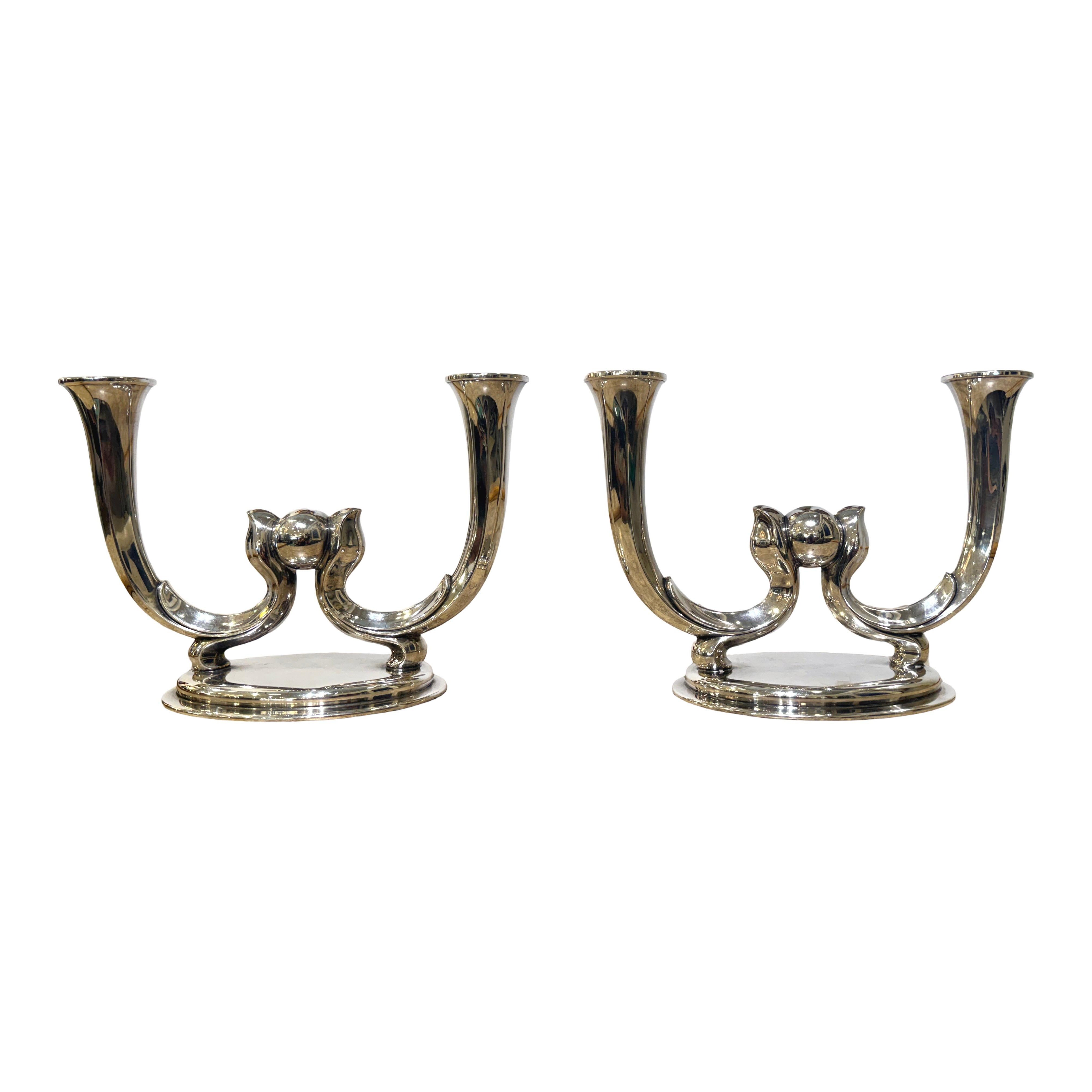 Pair of German WMF Art Deco Two-Arm Candle Holders
