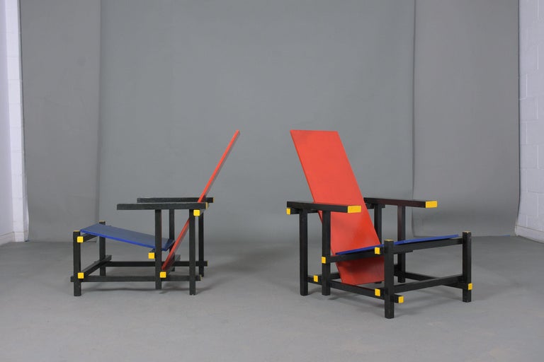 Pair of armchairs in the manner of Gerrit Thomas Rietveld red blue chair Gerard van de Groenekanesign iconic chair of all design chairs, this rare and worldwide famous so called red blue chair designed by one of the most important architects and