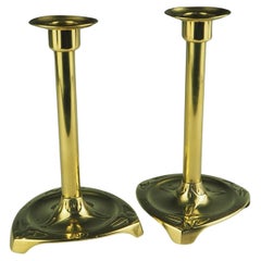 Pair of Geschutzt Art Nouveau Brass Three Clover Leaf Candle Holders
