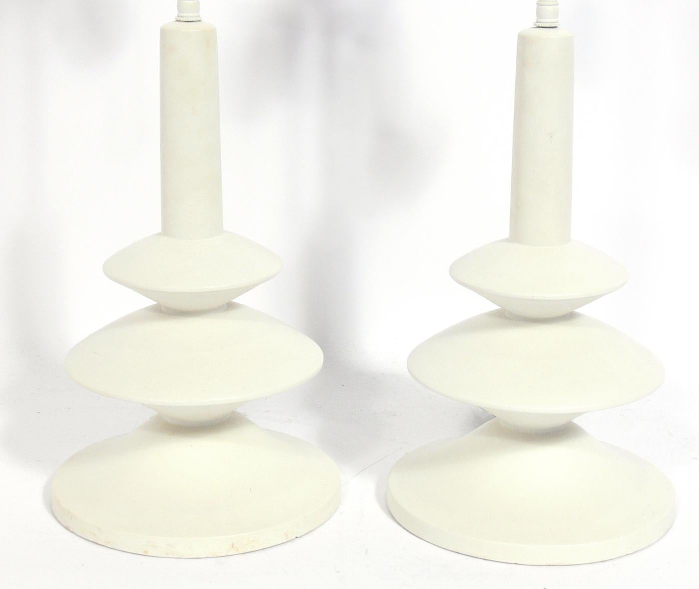 Pair of sculptural white plaster lamps in the manner of Alberto and Diego Giacometti for Jean Michel Frank, made by Sirmos, circa 1960s. Very sculptural forms. They have been rewired and are ready to use. Price noted in this listing is for the pair
