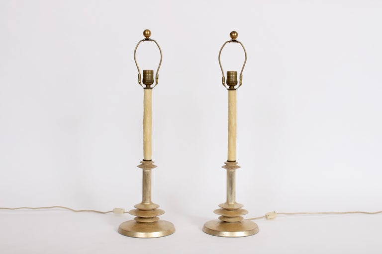Pair of Style Gilt and Waxed Candlestick Bedside Lamps