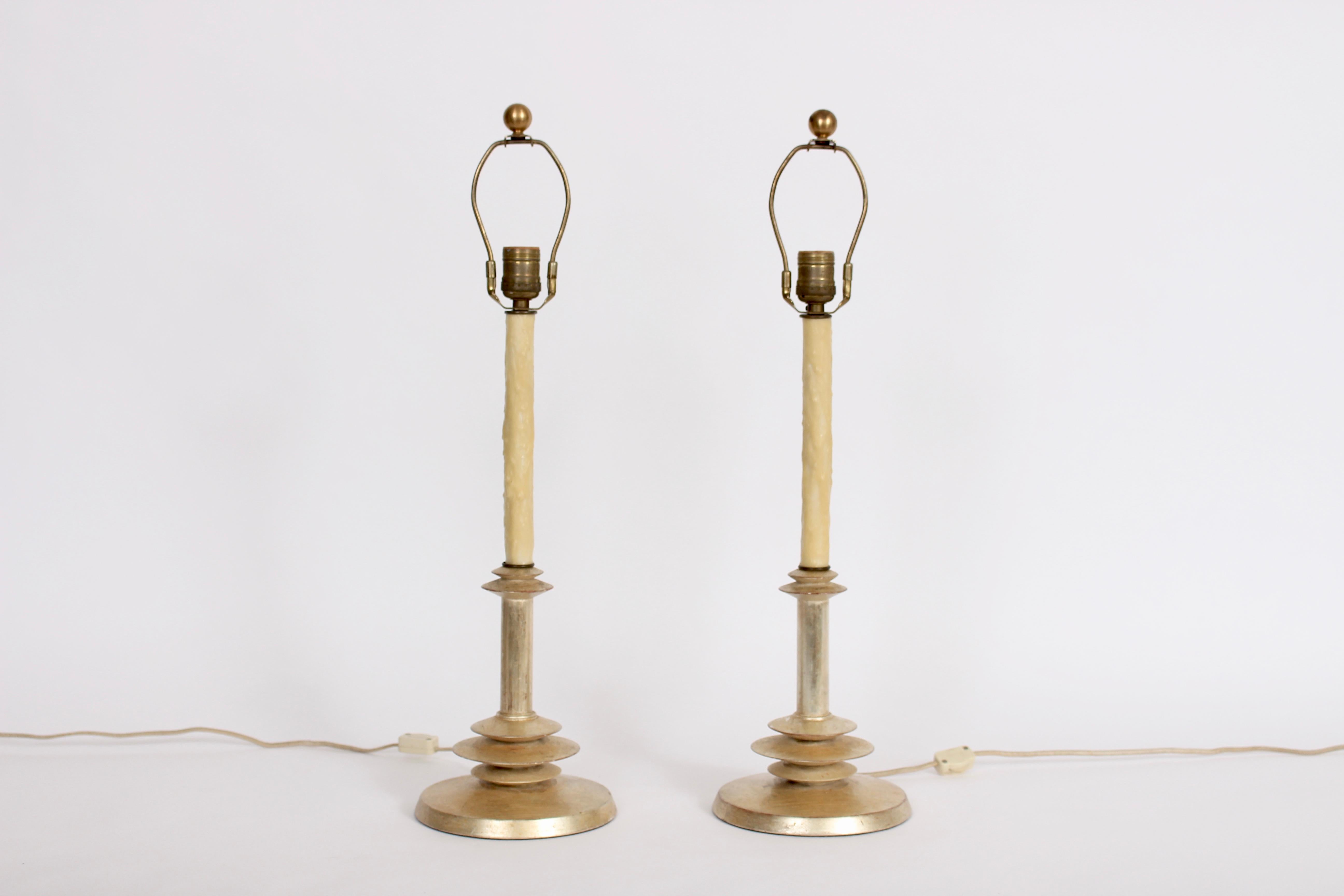 Hollywood Regency Pair of Giacometti Style Gilt and Waxed Candlestick Bedside Lamps, 1940s